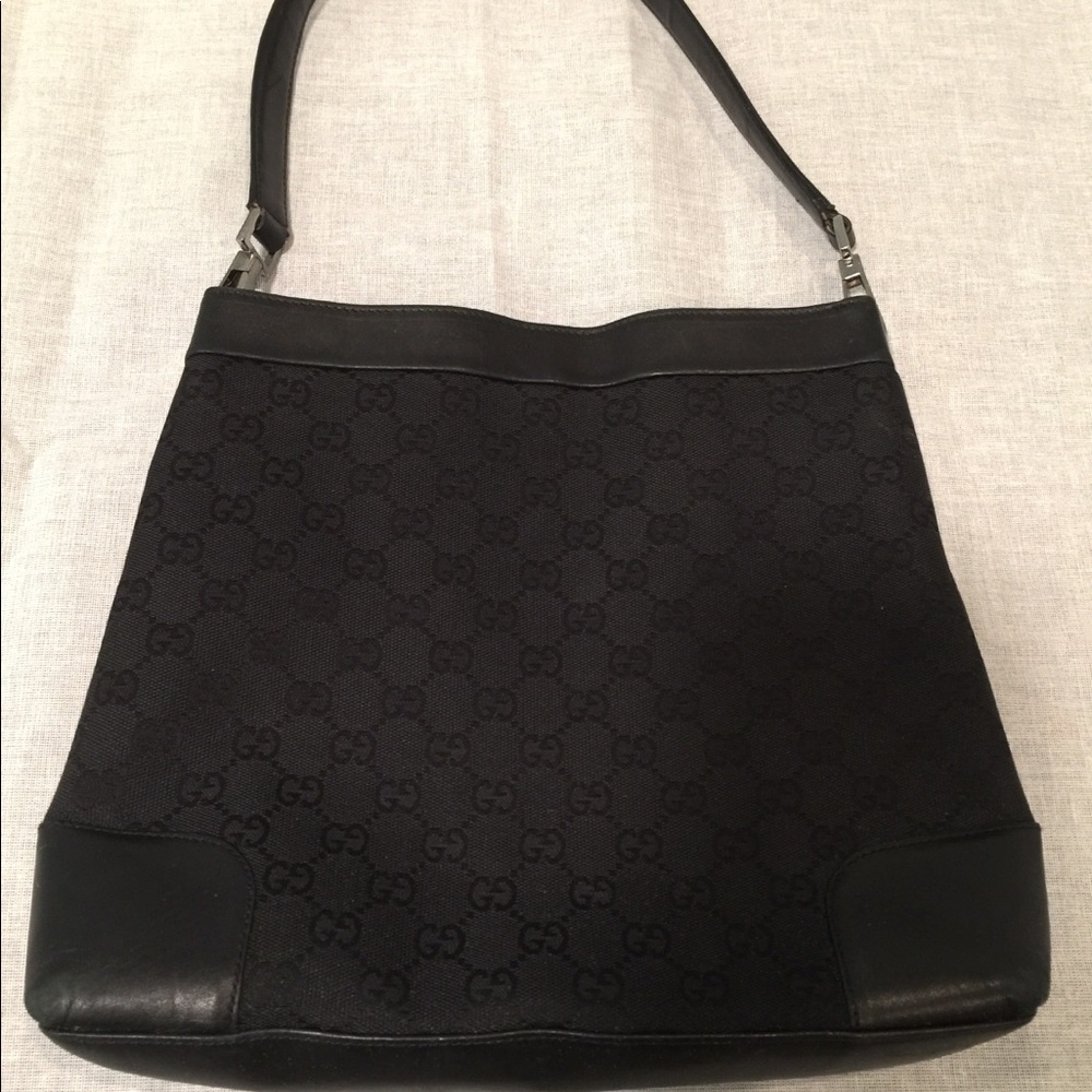 Gucci Black GG Monogram Canvas Shoulder Bag with Leather Trim
